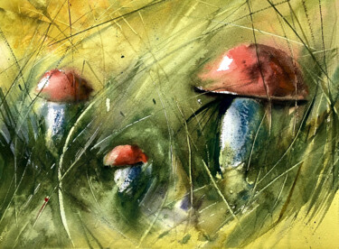 Painting titled "Mushroom hunting" by Anna Boginskaia, Original Artwork, Watercolor