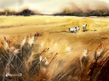 Картина под названием "Sheeps in the field" - Anna Boginskaia, Подлинное произведение искусства, Акварель
