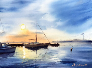 Peinture intitulée "Boat at sunset" par Anna Boginskaia, Œuvre d'art originale, Aquarelle