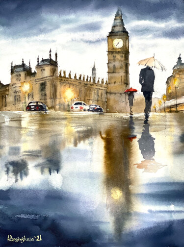 Painting titled "Reflections in Lond…" by Anna Boginskaia, Original Artwork, Watercolor