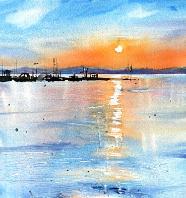 Peinture intitulée "Sunset at the lake" par Anna Boginskaia, Œuvre d'art originale, Aquarelle