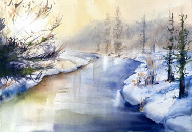 Painting titled "Ice river" by Anna Boginskaia, Original Artwork, Watercolor