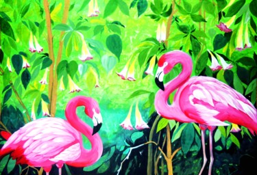 Картина под названием "Розовый фламинго" - Artbond, Подлинное произведение искусства, Гуашь