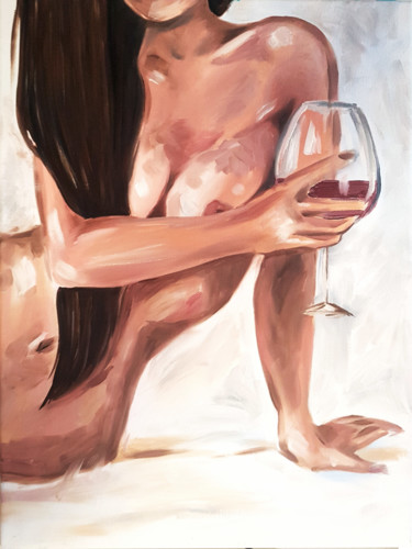 Peinture intitulée "girl with red wine…" par Olesia Zhalkovskaia, Œuvre d'art originale, Huile Monté sur Châssis en bois