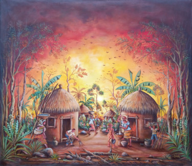 Painting titled "In the Village" by Angu Walters, Original Artwork, Acrylic