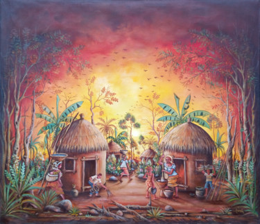 Malerei mit dem Titel "In the Village" von Angu Walters, Original-Kunstwerk, Acryl