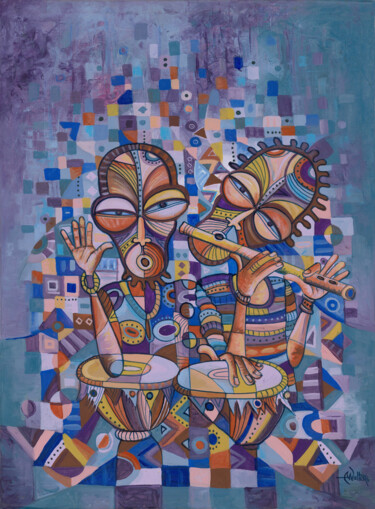 Painting titled "The Drummer and Flu…" by Angu Walters, Original Artwork, Acrylic