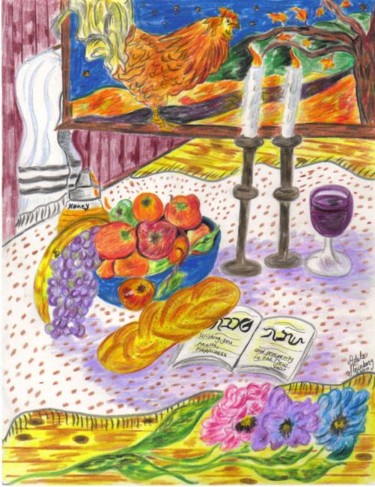 Painting titled "A Rosh hashana Table" by Adele Steinberg, Original Artwork