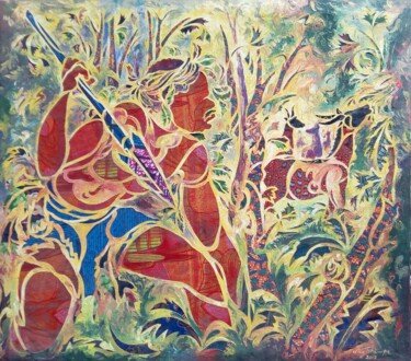 Peinture intitulée "Le Chasseur" par Augustin Tshimpe Wa Nzambi, Œuvre d'art originale, Huile