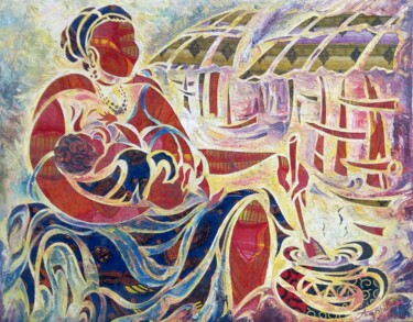 Schilderij getiteld "Une Mère comblée" door Augustin Tshimpe Wa Nzambi, Origineel Kunstwerk, Olie