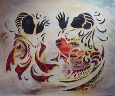 Peinture intitulée "La Rencontre" par Augustin Tshimpe Wa Nzambi, Œuvre d'art originale, Huile
