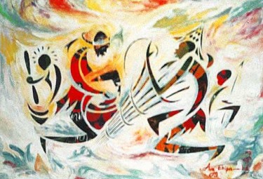 Pintura titulada "Famille active (à c…" por Augustin Tshimpe Wa Nzambi, Obra de arte original