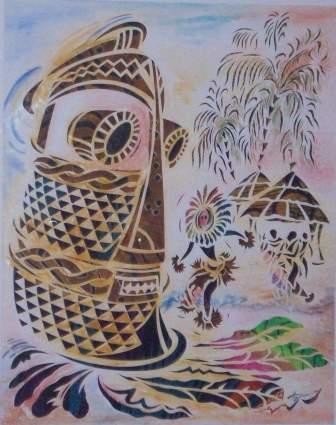 Peinture intitulée "Danse et masque Pen…" par Augustin Tshimpe Wa Nzambi, Œuvre d'art originale