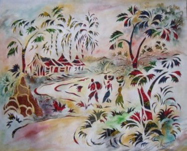 Painting titled "Paysage du petit vi…" by Augustin Tshimpe Wa Nzambi, Original Artwork, Oil