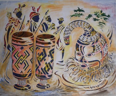 Malarstwo zatytułowany „Tam-tams et Masque…” autorstwa Augustin Tshimpe Wa Nzambi, Oryginalna praca, Olej
