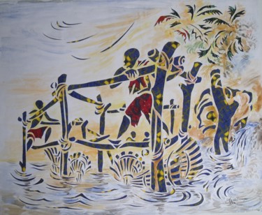 Peinture intitulée "La Pêche Waguenya 2" par Augustin Tshimpe Wa Nzambi, Œuvre d'art originale, Huile