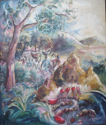 Ζωγραφική με τίτλο "Les ouvriers de la…" από Augustin Tshimpe Wa Nzambi, Αυθεντικά έργα τέχνης, Λάδι