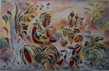 Painting titled "La Source vitale" by Augustin Tshimpe Wa Nzambi, Original Artwork, Oil