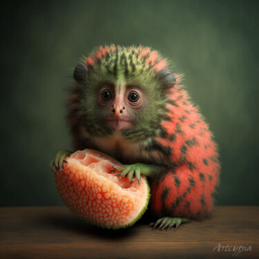 Digitale Kunst mit dem Titel "Marmoset Watermelon" von Artcypia, Original-Kunstwerk, KI-generiertes Bild