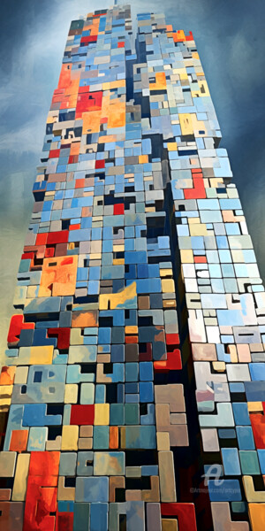 Digital Arts με τίτλο "Tetris Trade Center" από Artcypia, Αυθεντικά έργα τέχνης, Εικόνα που δημιουργήθηκε με AI