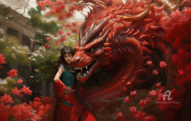 Digitale Kunst getiteld "Dragon Rouge" door Artcypia, Origineel Kunstwerk, AI gegenereerde afbeelding