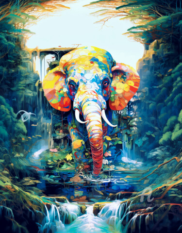 Digitale Kunst getiteld "Elephant Paradise" door Artcypia, Origineel Kunstwerk, AI gegenereerde afbeelding