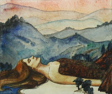 Disegno intitolato "Sleeping in Mountai…" da Anastasiya Dashevskaya, Opera d'arte originale, Acquarello
