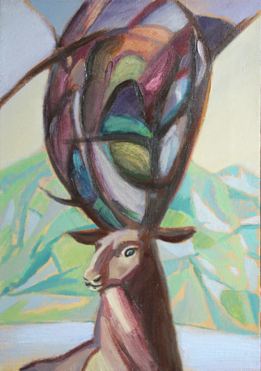 Painting titled "Stained glass deer" by Anastasiya Dashevskaya, Original Artwork, Oil