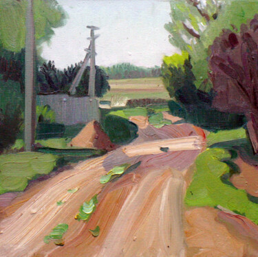 Painting titled "Road in the Village" by Anastasiya Dashevskaya, Original Artwork, Oil Mounted on Wood Stretcher frame