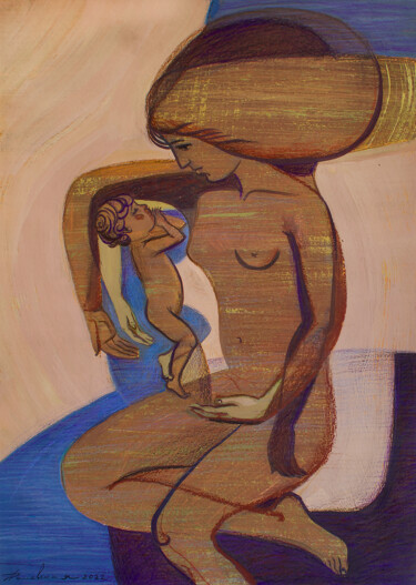 Картина под названием "Moment. Mother and…" - Anastasiya Dashevskaya, Подлинное произведение искусства, Гуашь
