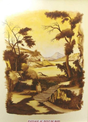Peinture intitulée "Paysage au pont" par Christian Geai, Œuvre d'art originale, Huile