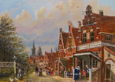 Malerei mit dem Titel "Holländische Stadt…" von Hans-Peter Emons, Original-Kunstwerk, Öl