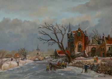 Schilderij getiteld "Winterstimmung mit…" door Hans-Peter Emons, Origineel Kunstwerk, Olie