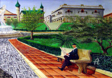 Painting titled "lettura nel parco" by Accarò, Original Artwork, Oil