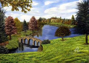 Painting titled "Ponte sul lago" by Accarò, Original Artwork, Oil