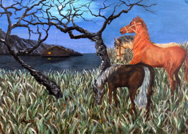 Pittura intitolato "Cavalli liberi" da Accarò, Opera d'arte originale, Olio Montato su Cartone