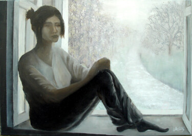 Картина под названием "donna alla finestra…" - Accarò, Подлинное произведение искусства, Масло