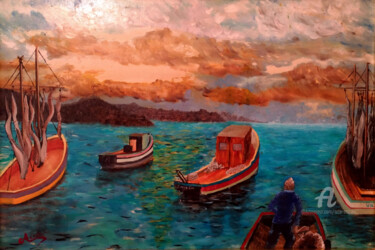 Painting titled "Barche al molo" by Accarò, Original Artwork, Oil
