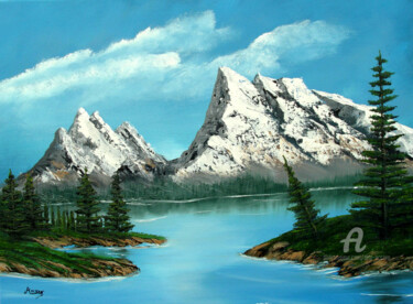 Pittura intitolato "Abeti sul lago" da Accarò, Opera d'arte originale, Olio