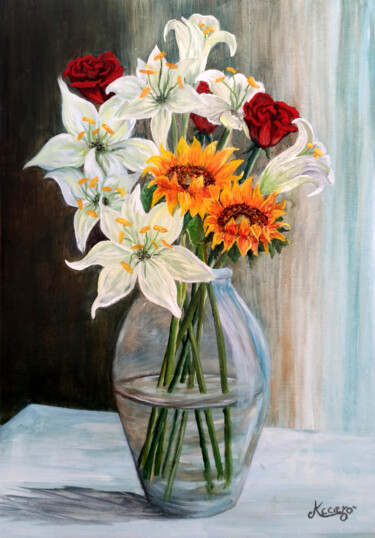 Peinture intitulée "Vaso di fiori" par Accarò, Œuvre d'art originale, Huile