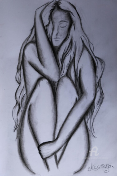 Drawing titled "Con me stessa" by Accarò, Original Artwork, Charcoal