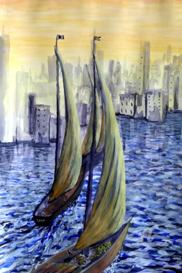 Painting titled "Vele in città" by Accarò, Original Artwork, Watercolor