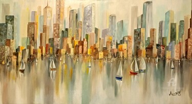 Pintura intitulada "Skyline di città as…" por Accarò, Obras de arte originais, Óleo