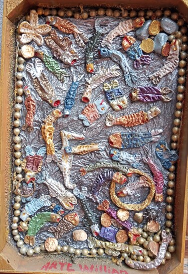 Escultura titulada "Caja de pescado con…" por Arte William Arjona Niebla, Obra de arte original, Arcilla polimérica Montado…