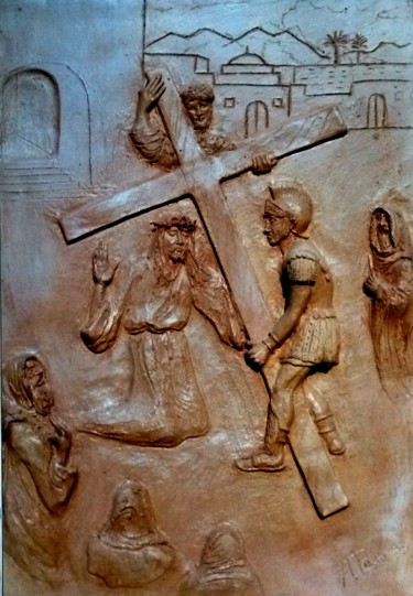 Sculpture titled "2   -via-crucis- TA…" by Angelo Pisciotta, Original Artwork, Terra cotta