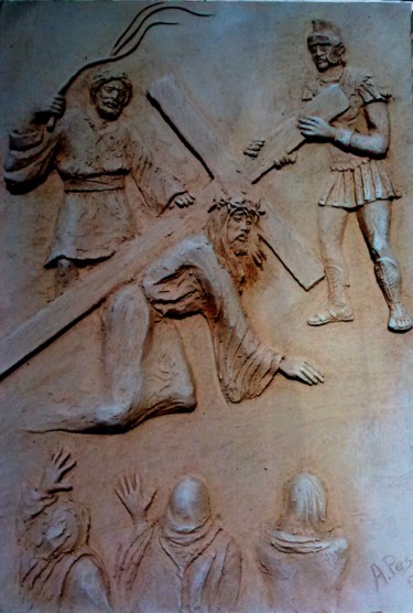 Scultura intitolato "via-crucis-tavola -…" da Angelo Pisciotta, Opera d'arte originale, Ceramica