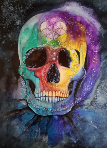 Painting titled "Cosmic Skull" by Artéâme, Original Artwork, Watercolor