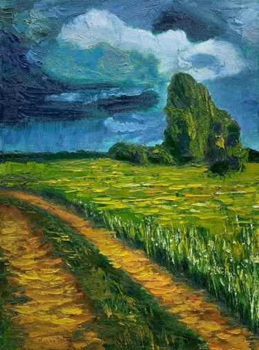 Painting titled "''Rainy Sunny Field…" by Elena Tuncer, Original Artwork, Oil