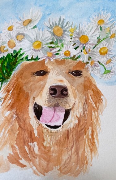 Painting titled "''Love is''Dog Gold…" by Elena Tuncer, Original Artwork, Watercolor