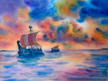Painting titled "''Ancient Sailing''…" by Elena Tuncer, Original Artwork, Watercolor